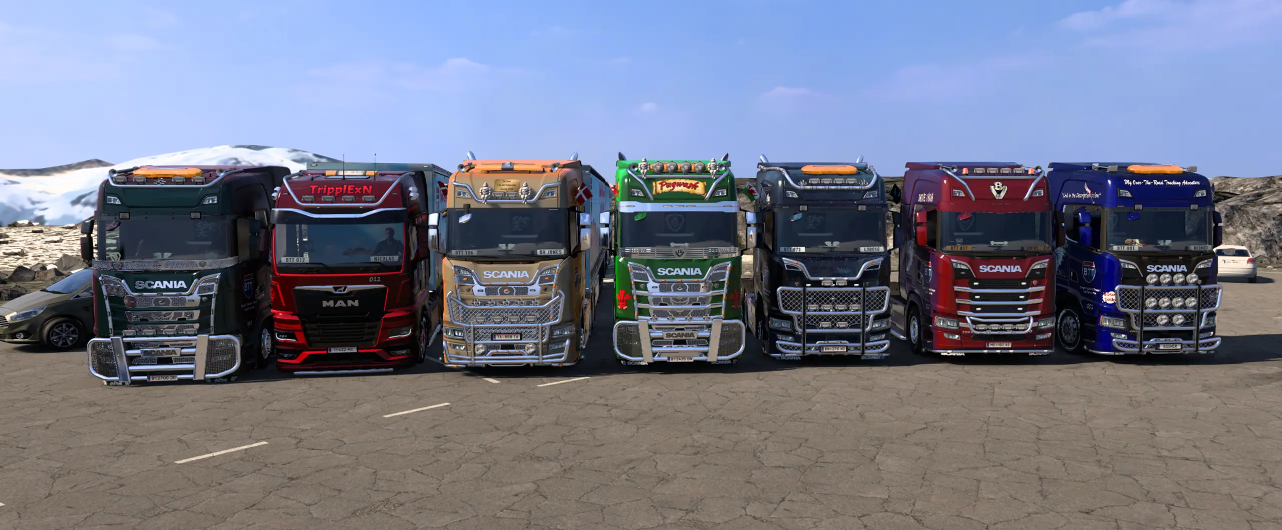Euro Truck Simulator 2 post-convoy lineup with Pugwash, Dr Jones, TripplExN, lobo1g, Drive1808, and Boomer